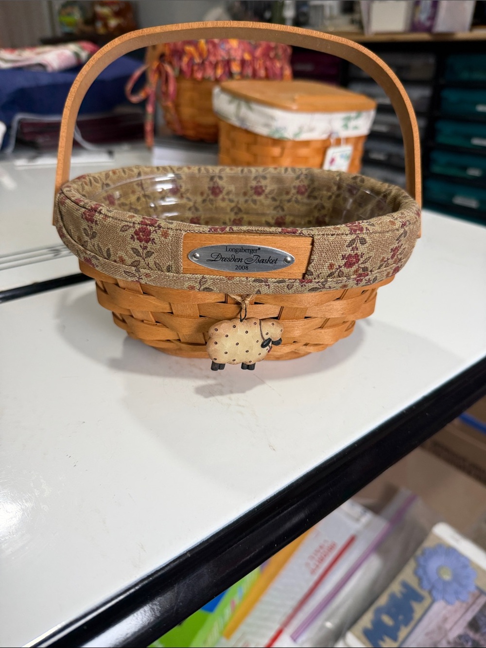 Longaberger 2008 Dresden Basket with Floral Liner, Protector and Sheep Charm